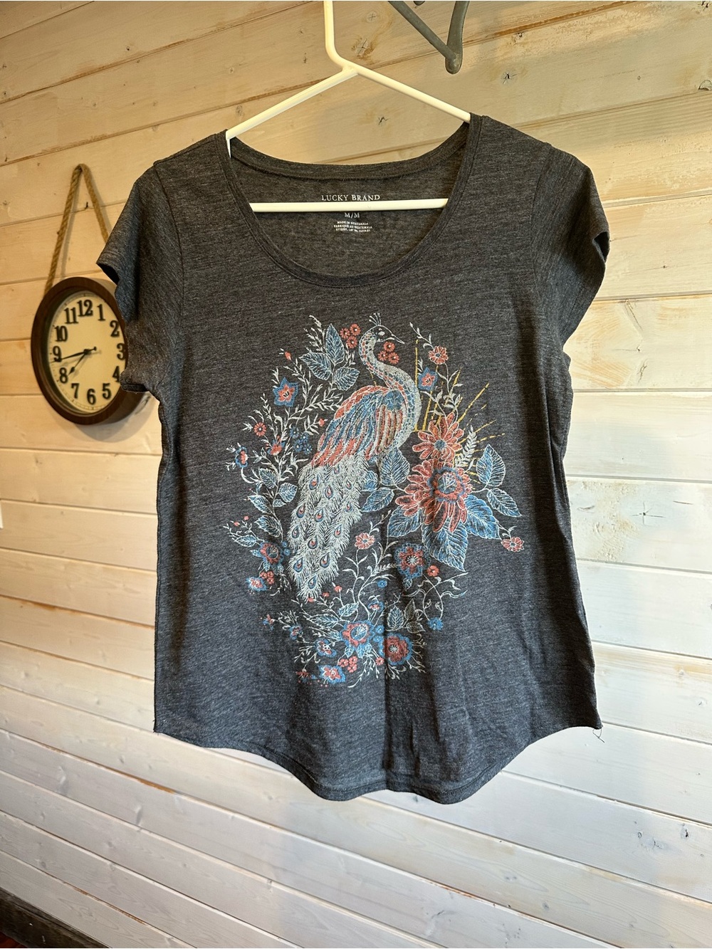 Lucky Brand | Grey Short Sleeve Peacock Floral Tee